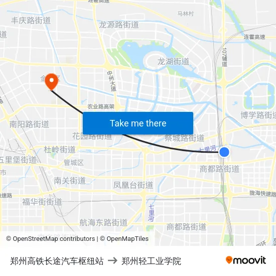 郑州高铁长途汽车枢纽站 to 郑州轻工业学院 map