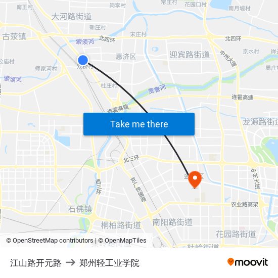 江山路开元路 to 郑州轻工业学院 map