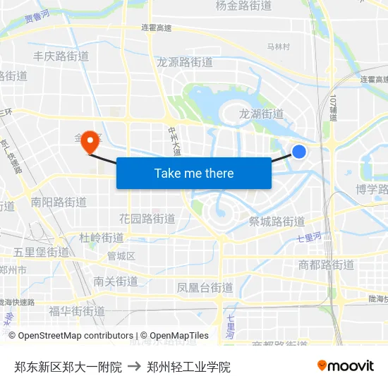 郑东新区郑大一附院 to 郑州轻工业学院 map