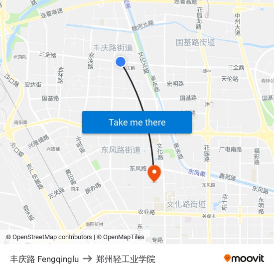 丰庆路 Fengqinglu to 郑州轻工业学院 map