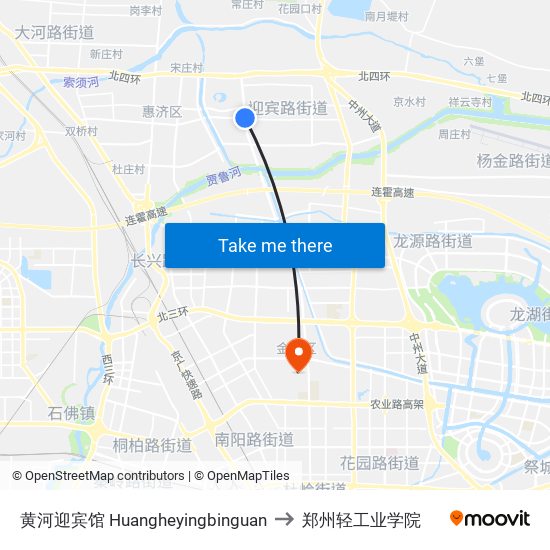 黄河迎宾馆 Huangheyingbinguan to 郑州轻工业学院 map