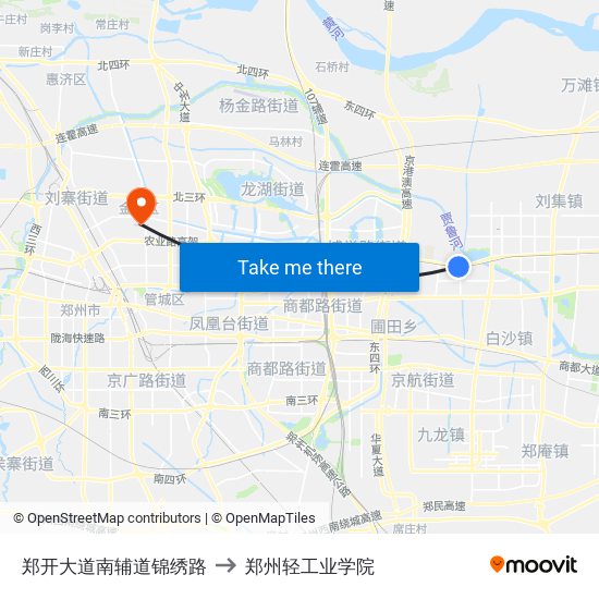 郑开大道南辅道锦绣路 to 郑州轻工业学院 map