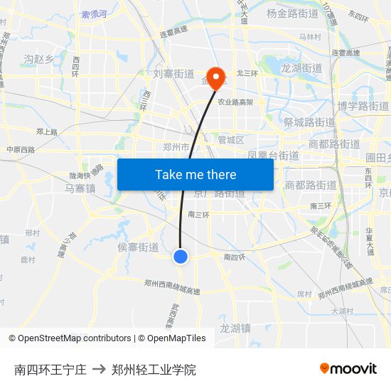 南四环王宁庄 to 郑州轻工业学院 map