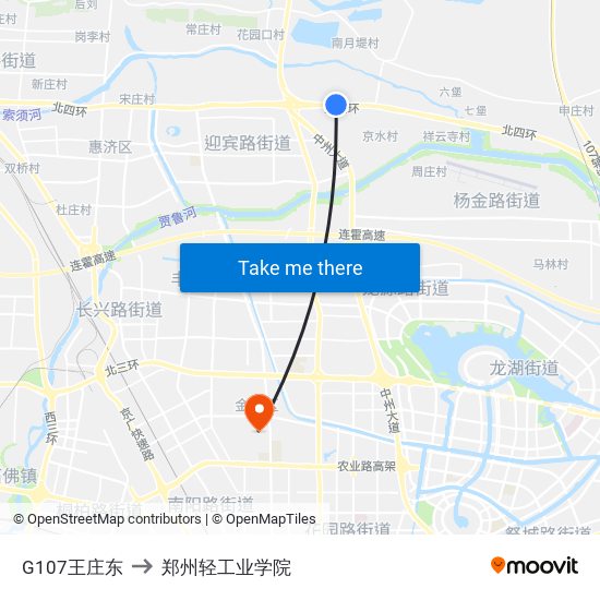 G107王庄东 to 郑州轻工业学院 map