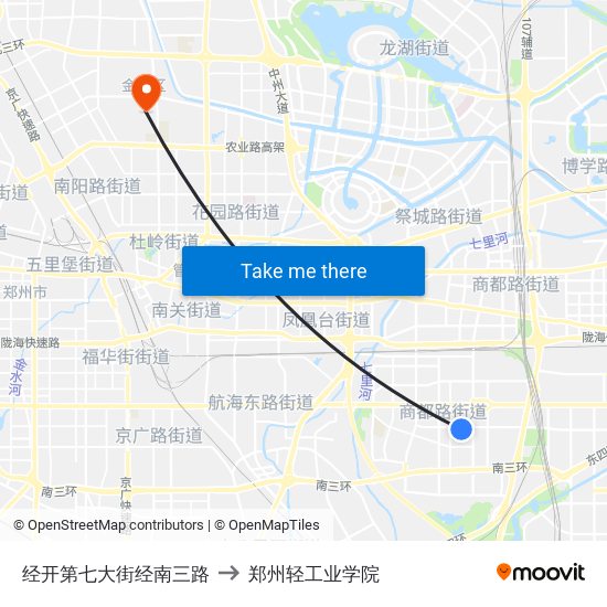 经开第七大街经南三路 to 郑州轻工业学院 map