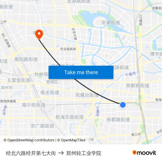 经北六路经开第七大街 to 郑州轻工业学院 map