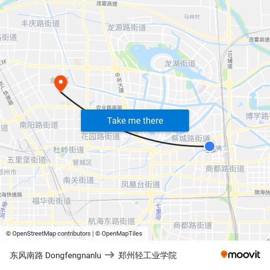 东风南路 Dongfengnanlu to 郑州轻工业学院 map