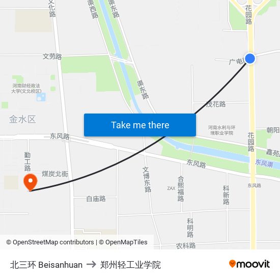 北三环 Beisanhuan to 郑州轻工业学院 map