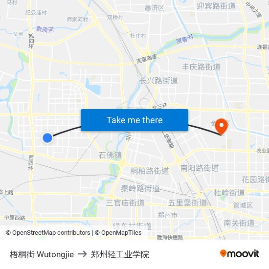 梧桐街 Wutongjie to 郑州轻工业学院 map