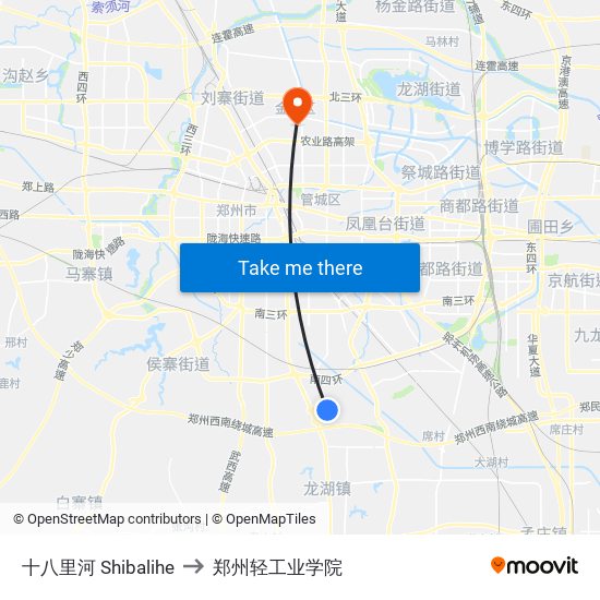 十八里河 Shibalihe to 郑州轻工业学院 map