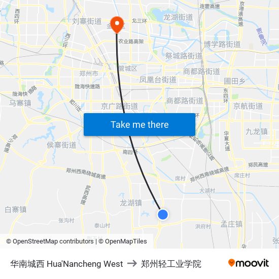 华南城西 Hua'Nancheng West to 郑州轻工业学院 map