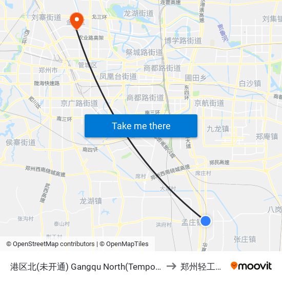 港区北(未开通) Gangqu North(Temporary Not Open) to 郑州轻工业学院 map