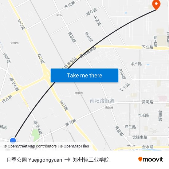 月季公园 Yuejigongyuan to 郑州轻工业学院 map