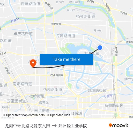 龙湖中环北路龙源东六街 to 郑州轻工业学院 map