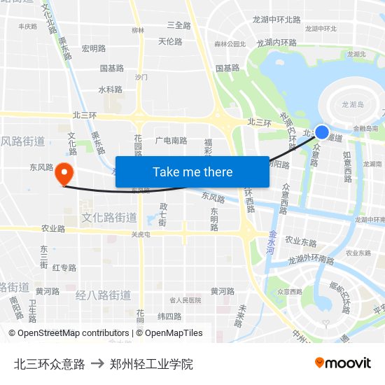 北三环众意路 to 郑州轻工业学院 map