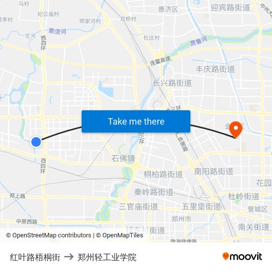 红叶路梧桐街 to 郑州轻工业学院 map
