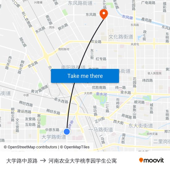 大学路中原路 to 河南农业大学桃李园学生公寓 map