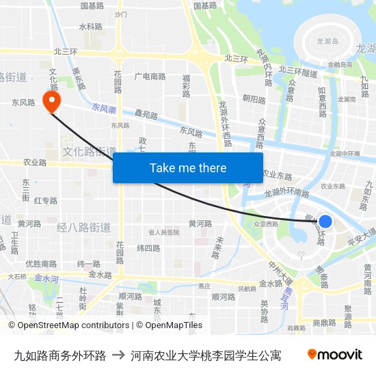九如路商务外环路 to 河南农业大学桃李园学生公寓 map