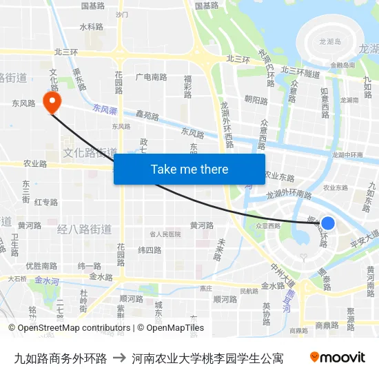 九如路商务外环路 to 河南农业大学桃李园学生公寓 map