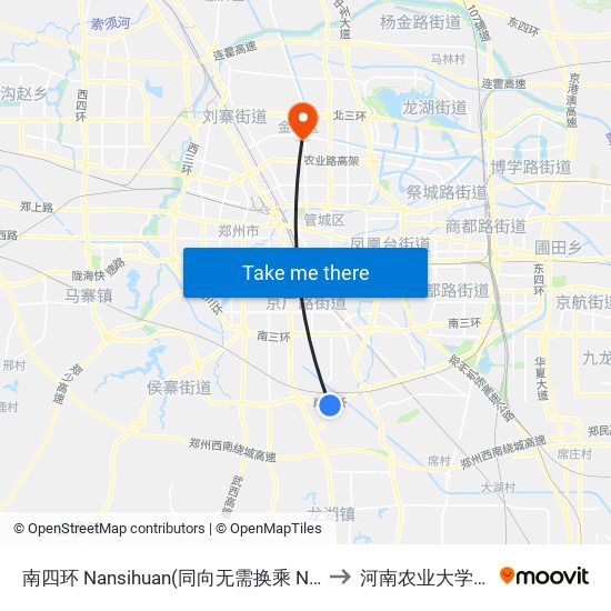 南四环 Nansihuan(同向无需换乘 No Transfer In the Same Direction) to 河南农业大学桃李园学生公寓 map