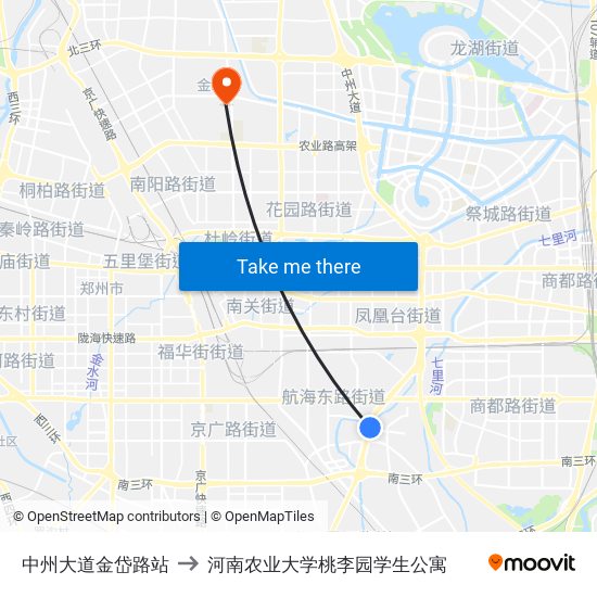 中州大道金岱路站 to 河南农业大学桃李园学生公寓 map