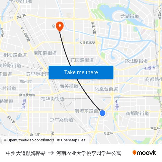 中州大道航海路站 to 河南农业大学桃李园学生公寓 map