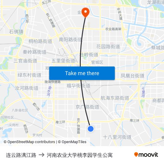 连云路漓江路 to 河南农业大学桃李园学生公寓 map