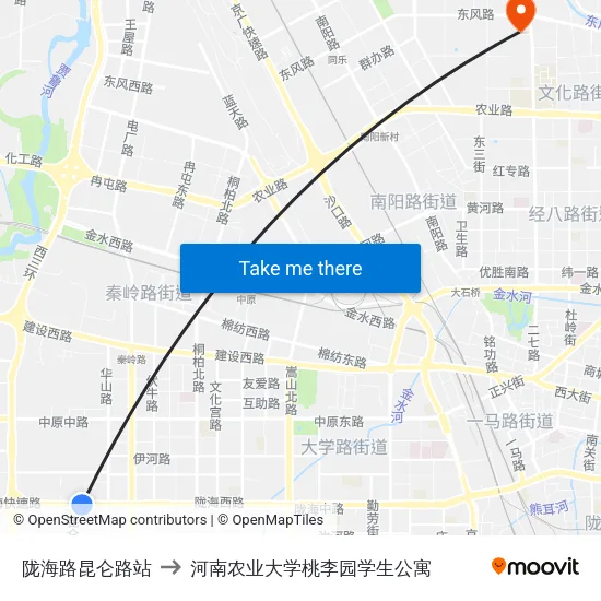 陇海路昆仑路站 to 河南农业大学桃李园学生公寓 map