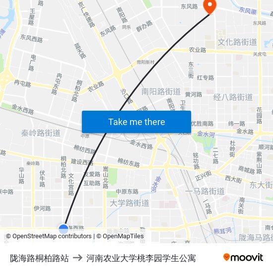 陇海路桐柏路站 to 河南农业大学桃李园学生公寓 map