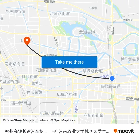 郑州高铁长途汽车枢纽站 to 河南农业大学桃李园学生公寓 map