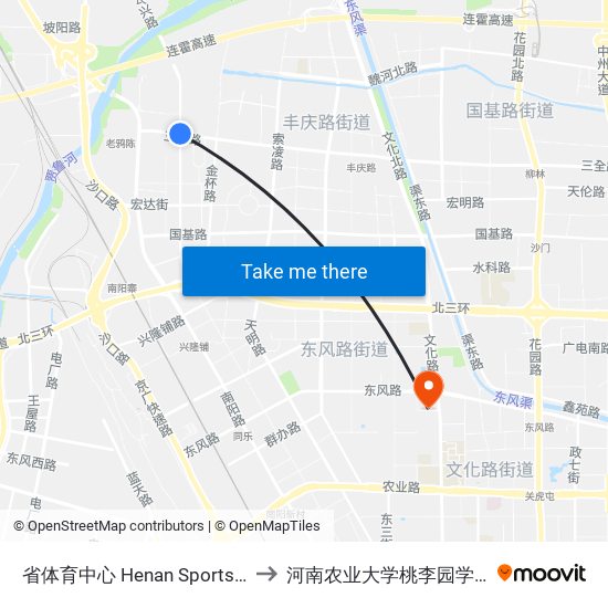 省体育中心 Henan Sports Center to 河南农业大学桃李园学生公寓 map