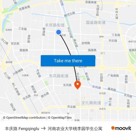 丰庆路 Fengqinglu to 河南农业大学桃李园学生公寓 map