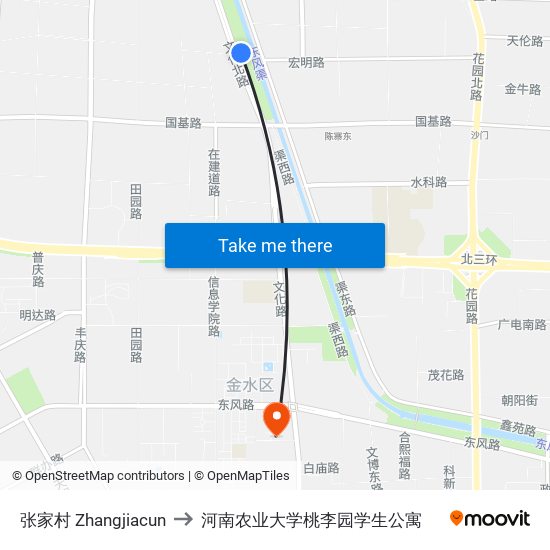 张家村 Zhangjiacun to 河南农业大学桃李园学生公寓 map