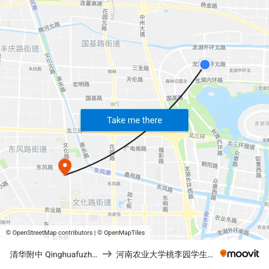 清华附中 Qinghuafuzhong to 河南农业大学桃李园学生公寓 map