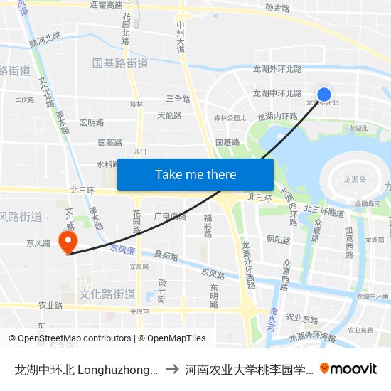 龙湖中环北 Longhuzhonghuanbei to 河南农业大学桃李园学生公寓 map