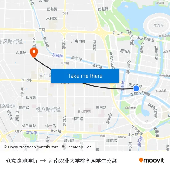 众意路地坤街 to 河南农业大学桃李园学生公寓 map