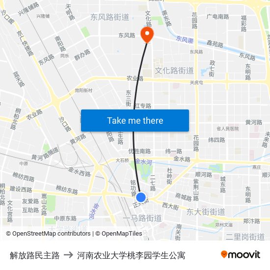 解放路民主路 to 河南农业大学桃李园学生公寓 map