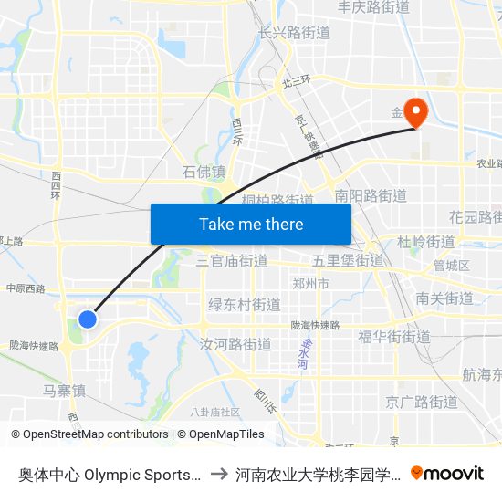 奥体中心 Olympic Sports Center to 河南农业大学桃李园学生公寓 map