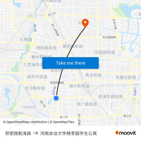 郑密路航海路 to 河南农业大学桃李园学生公寓 map