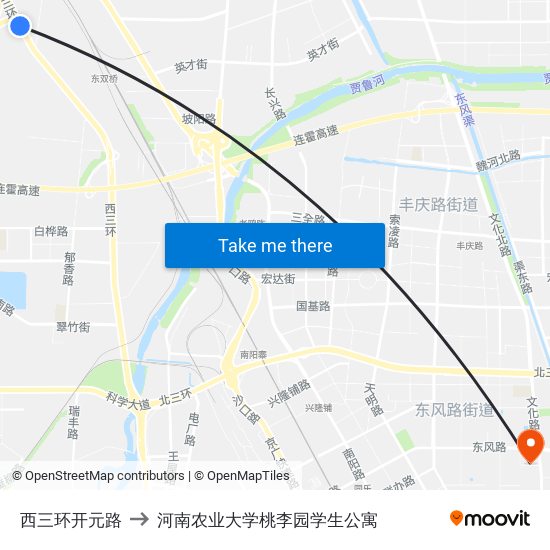 西三环开元路 to 河南农业大学桃李园学生公寓 map