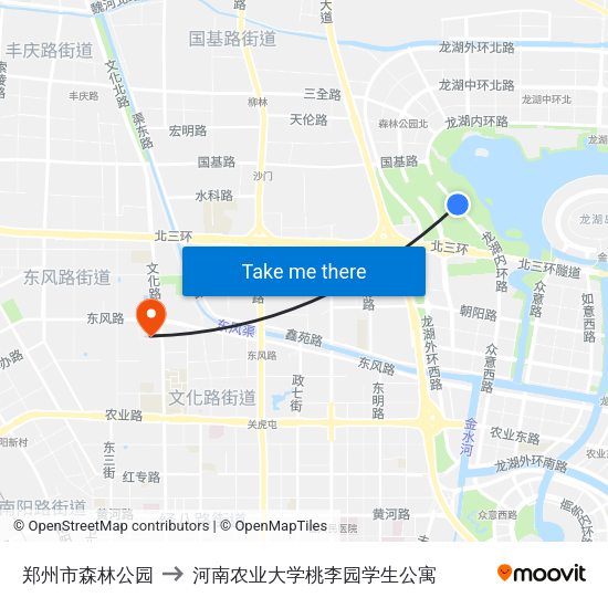 郑州市森林公园 to 河南农业大学桃李园学生公寓 map