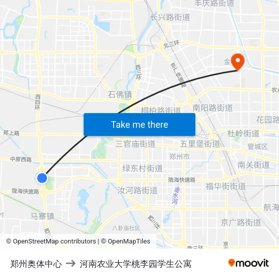 郑州奥体中心 to 河南农业大学桃李园学生公寓 map