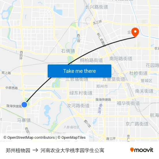 郑州植物园 to 河南农业大学桃李园学生公寓 map