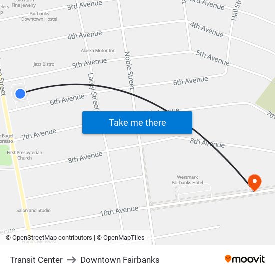 Transit Center to Downtown Fairbanks map