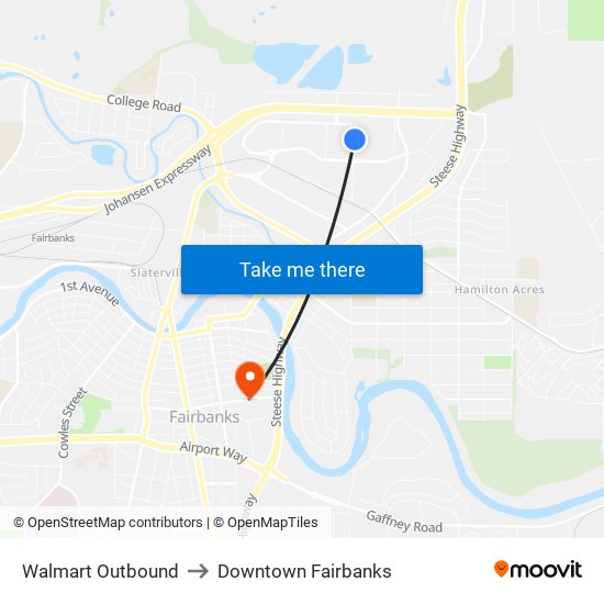 Walmart Outbound to Downtown Fairbanks map