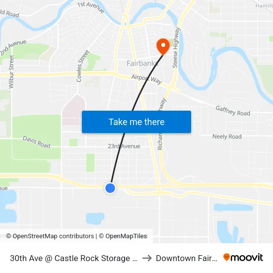 30th Ave @ Castle Rock Storage Outbound to Downtown Fairbanks map
