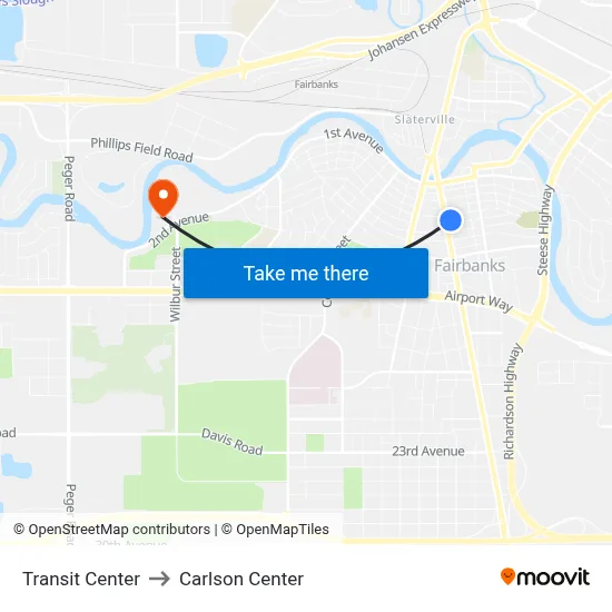 Transit Center to Carlson Center map