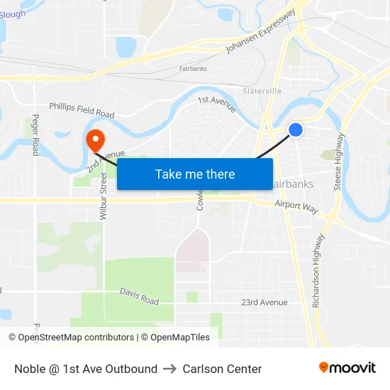 Noble @ 1st Ave Outbound to Carlson Center map
