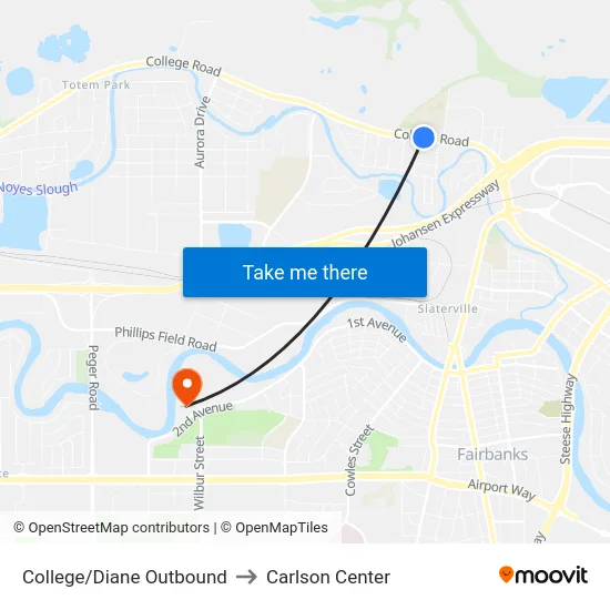 College/Diane Outbound to Carlson Center map