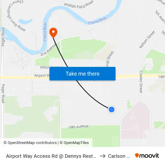 Airport Way Access Rd @ Dennys Restaurant Outbound to Carlson Center map